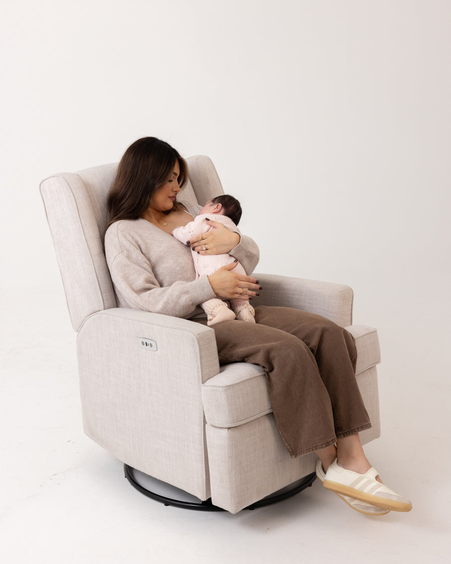 Luna Electric Recliner with USB — Egg Shell — mum and baby, upright