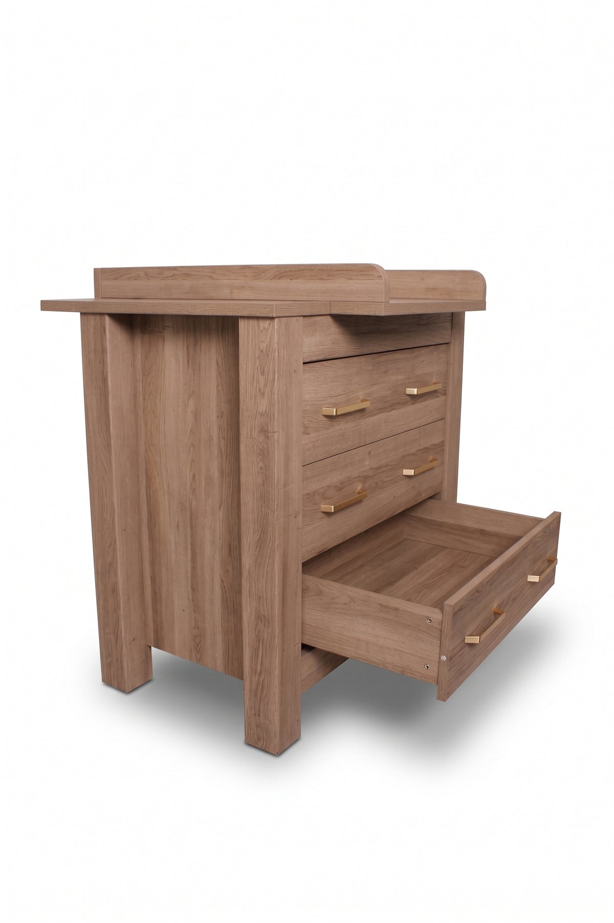 Bordeaux Chest — Hushed Brown Oak — side view with drawer open