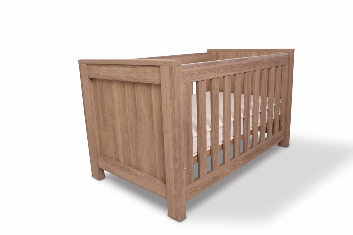Bordeaux Cot — Hushed Brown Oak — side three-quarter view