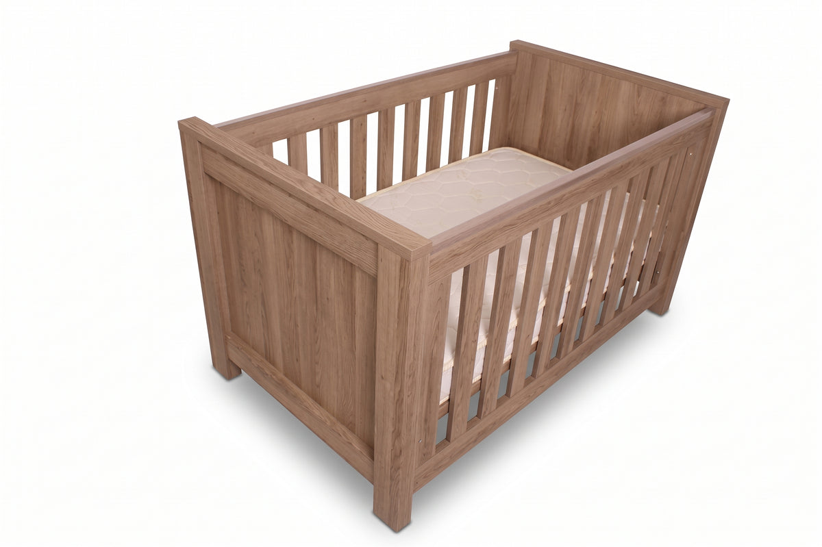 Bordeaux Cot — Hushed Brown Oak — three-quarter view from above