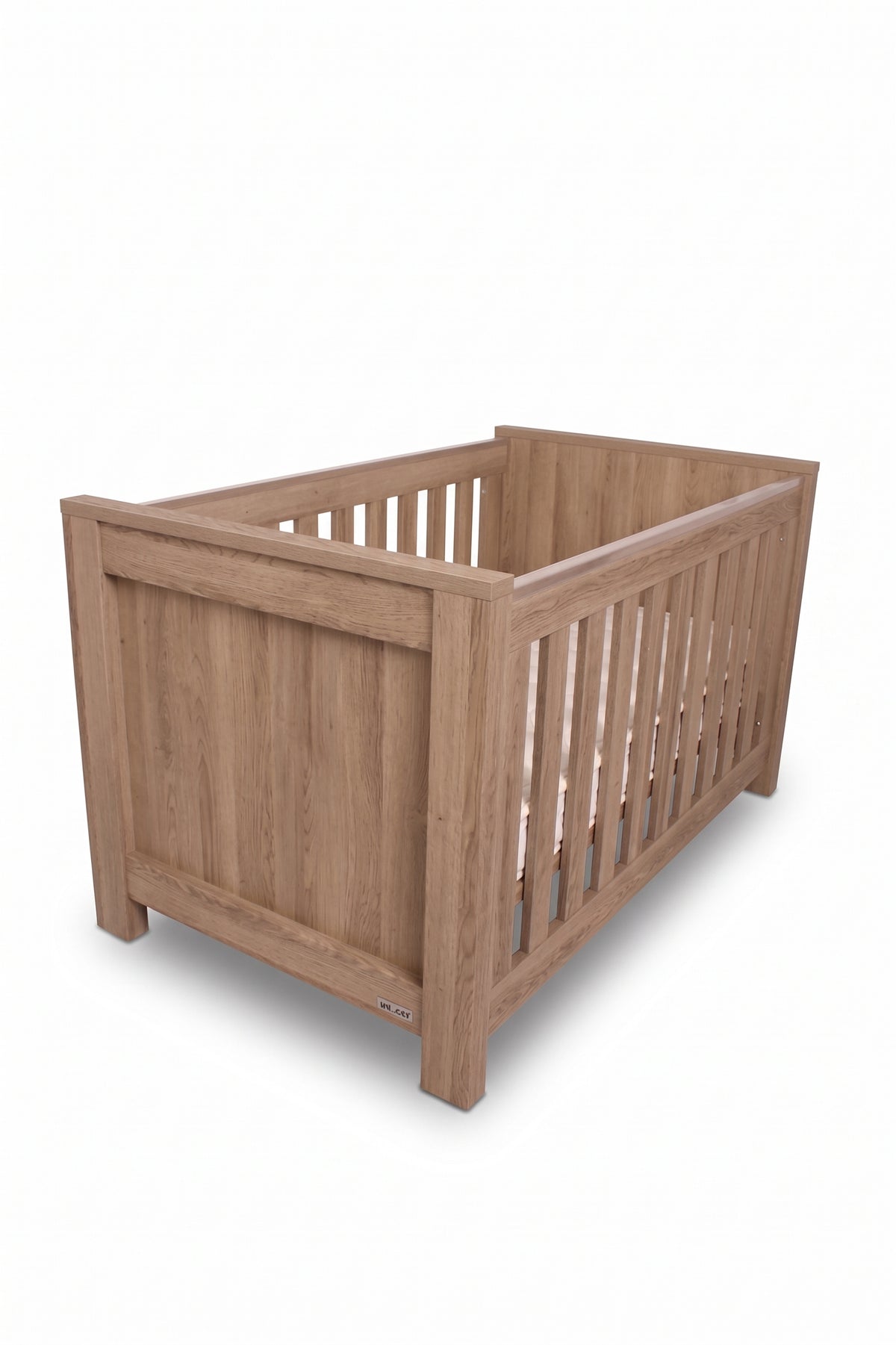 Bordeaux Cot — Hushed Brown Oak — end three-quarter view