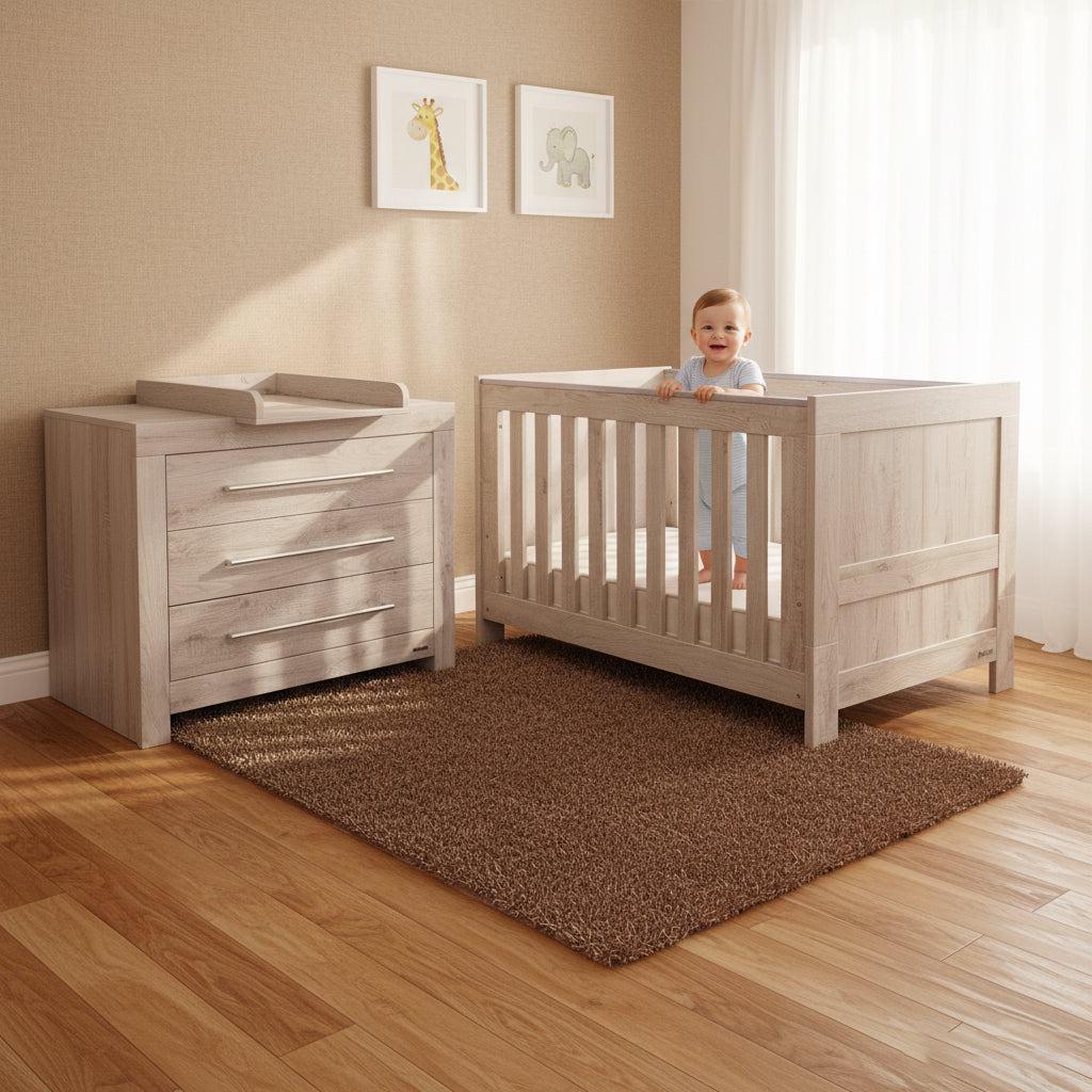 Houston Cot and chest in a warm nursery