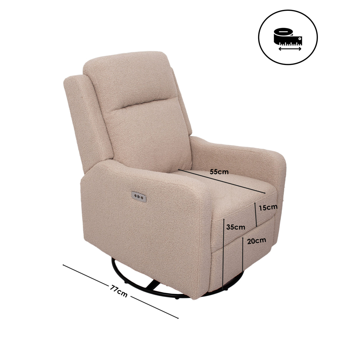Mila Electric Recliner with USB — dimensions: 55 cm seat depth, 77 cm overall depth