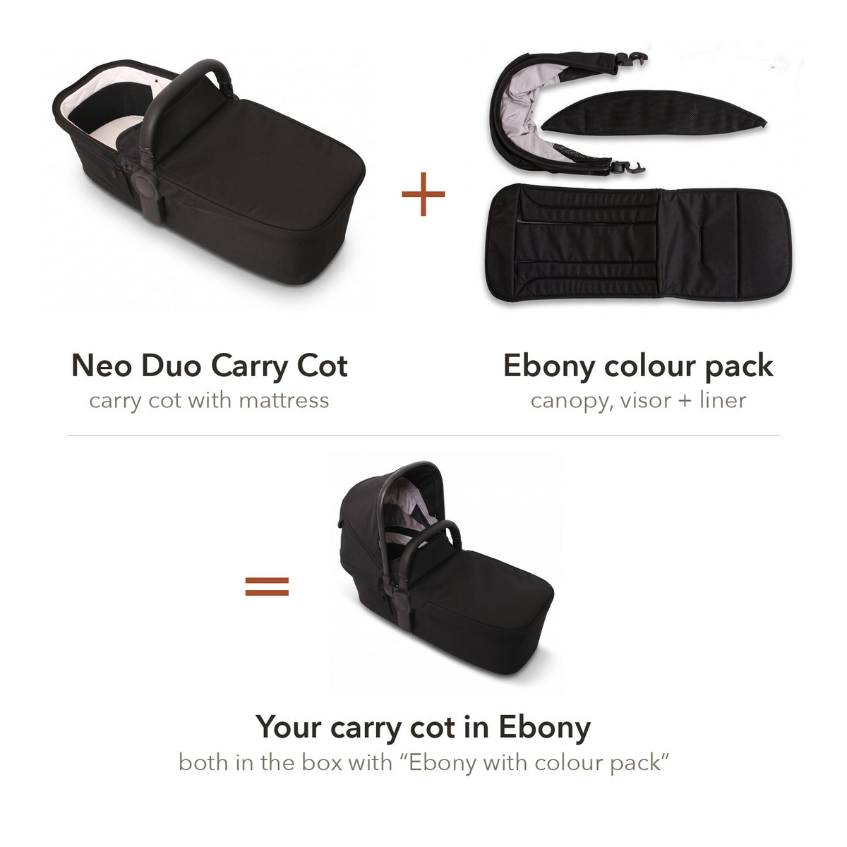 Neo Duo Carry Cot — Ebony — carry cot plus the Ebony colour pack, what comes in the box