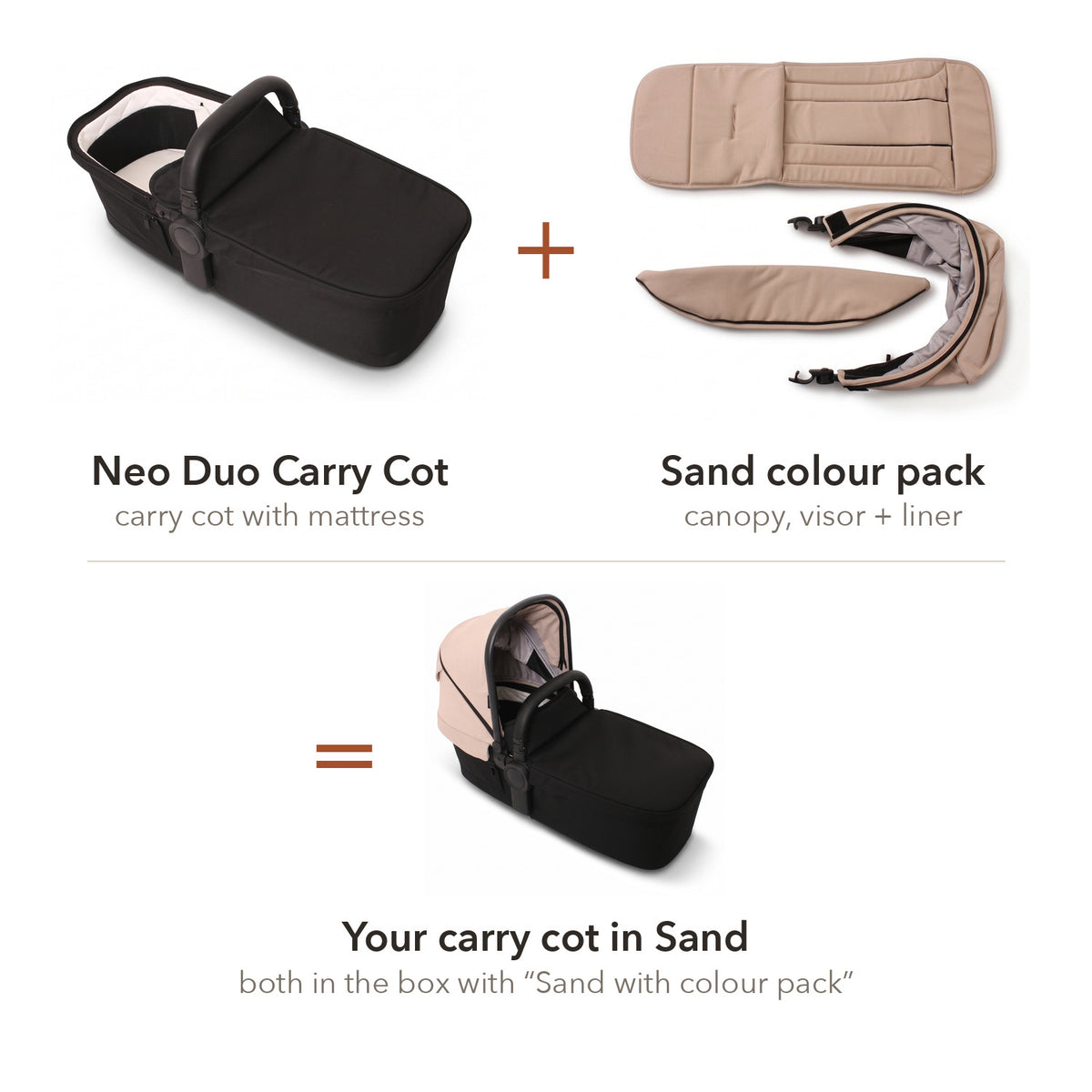 Neo Duo Carry Cot — Sand — carry cot plus the Sand colour pack, what comes in the box