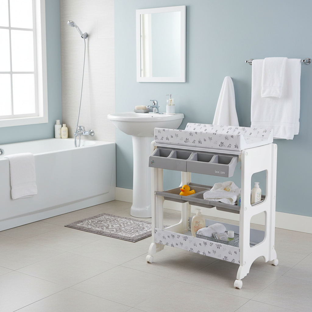 Omega Change Table — Giraffe — in the bathroom