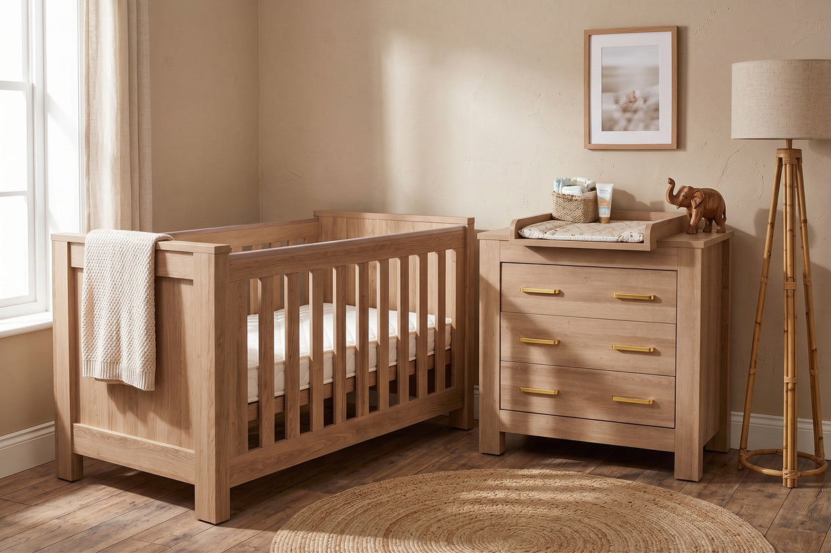 Bordeaux Chest — Hushed Brown Oak — cot and chest set in a nursery