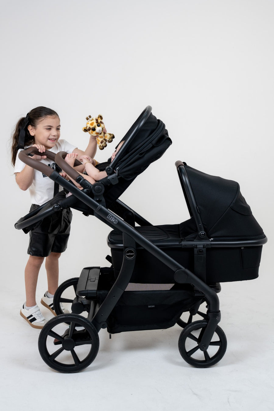 Neo Stroller — Ebony — carry cot with toddler