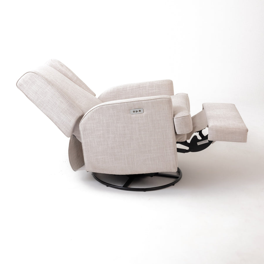 Luna Electric Recliner with USB — Egg Shell — fully reclined, side
