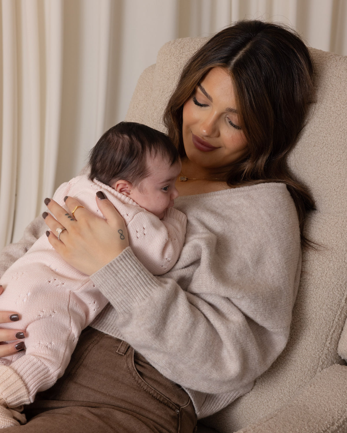 Mila Electric Recliner with Usb — Taupe Teddy — baby asleep