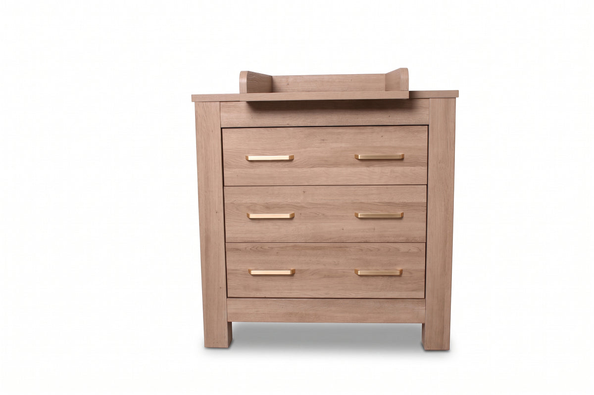 Bordeaux Chest — Hushed Brown Oak — front view with changer top, lower angle