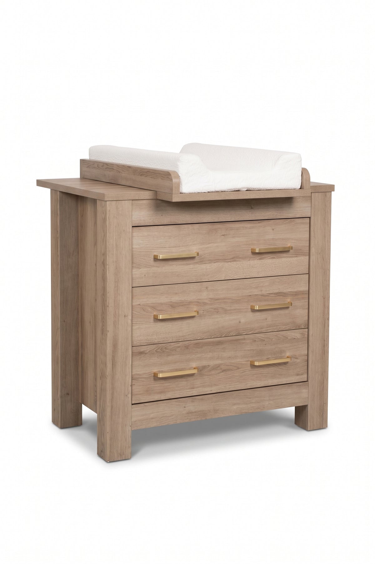Bordeaux Chest — Hushed Brown Oak — with change pad, three-quarter view