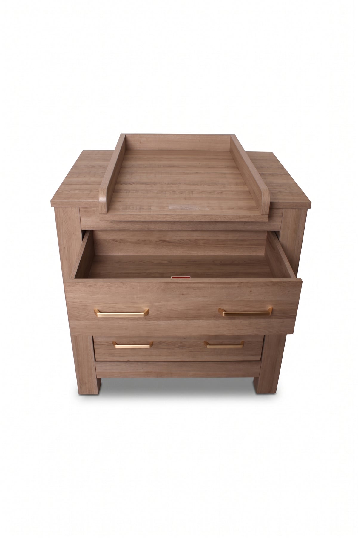Bordeaux Chest — Hushed Brown Oak — top drawer open