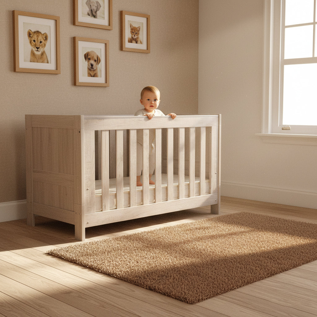 Baby standing in the Houston Cot