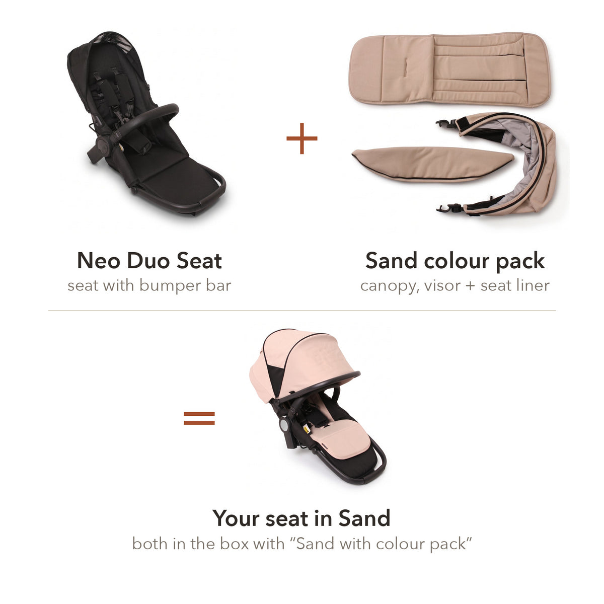 Neo Duo Seat — Sand — seat plus the Sand colour pack, what comes in the box