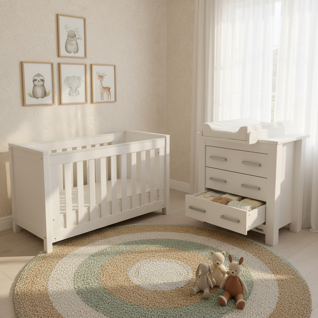 Bordeaux Cot — White, nursery with rug
