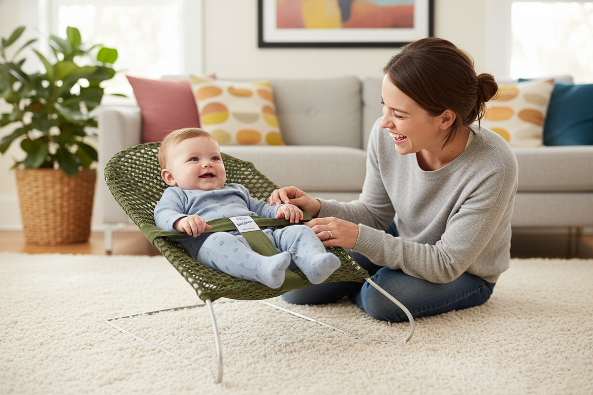 Baby Wire Bouncer — Olive — at home
