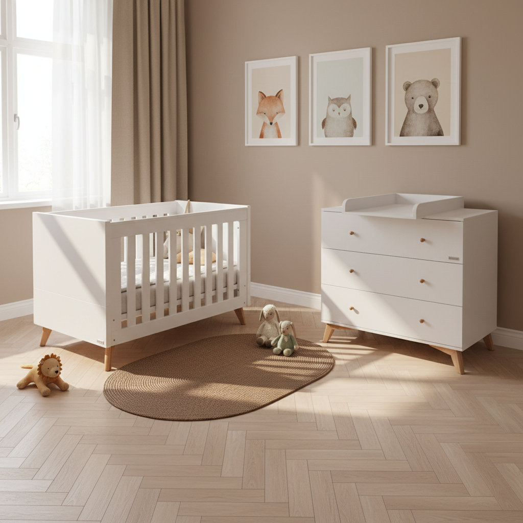 Fjord Cot and Chest, warm nursery