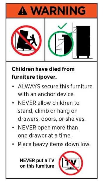 Furniture tip-over warning label — children have died from furniture tipover; always anchor this furniture