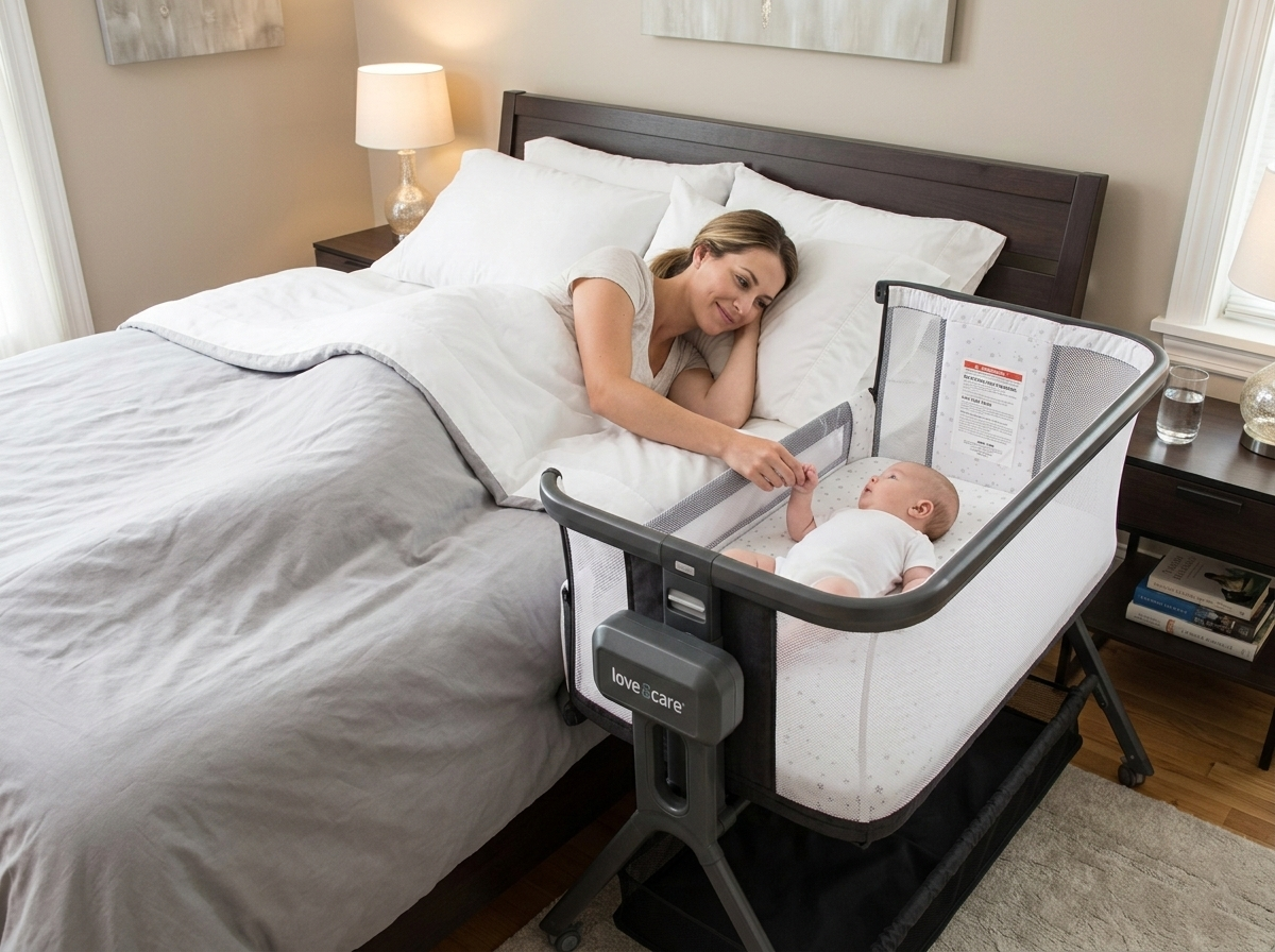 Bedside mode — close enough to reach, safe in their own space.