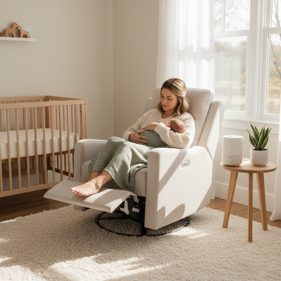 Luna Electric Recliner Egg Shell — reclined with bub