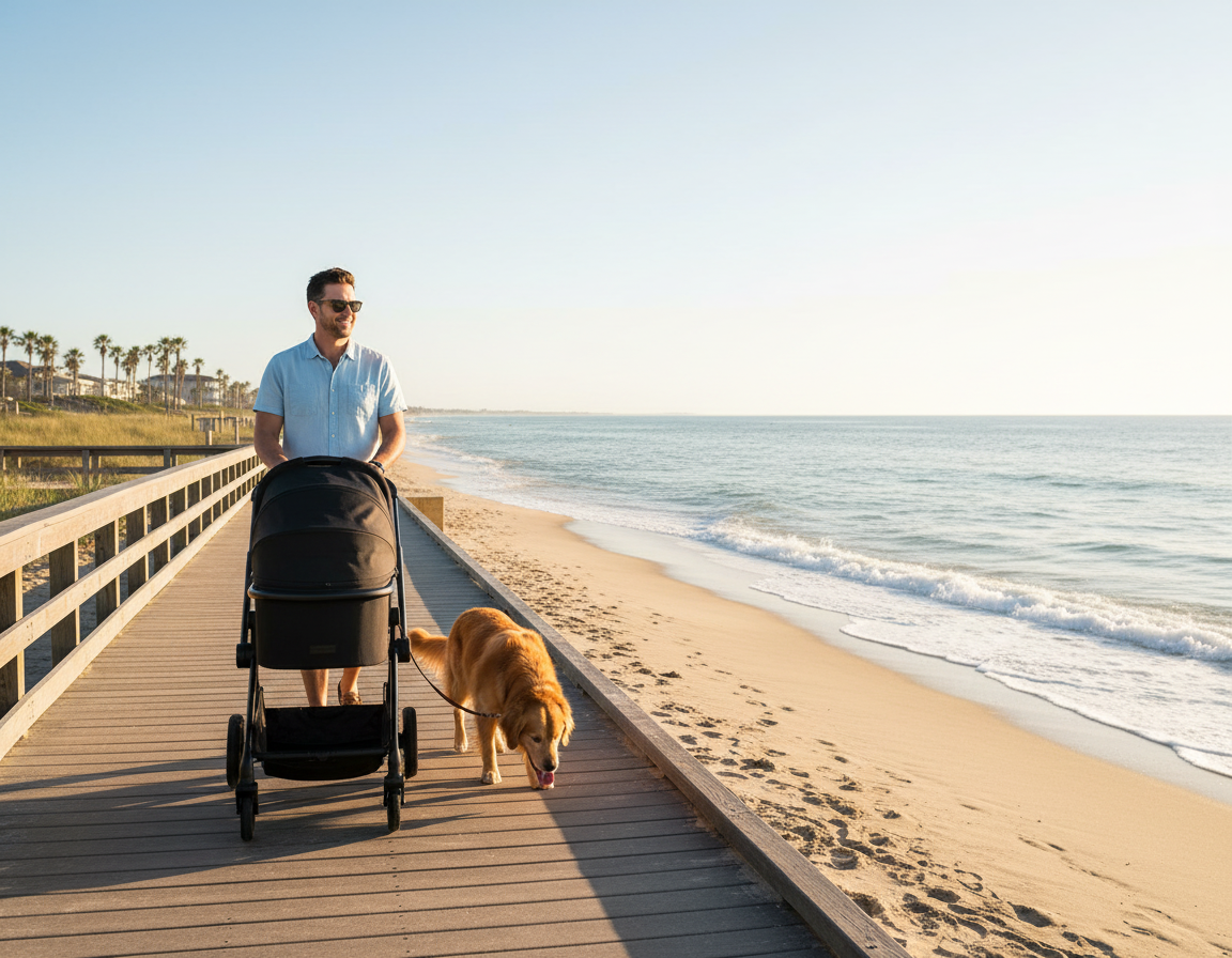 Phantom Carry Cot — Black — on the stroller at the beach