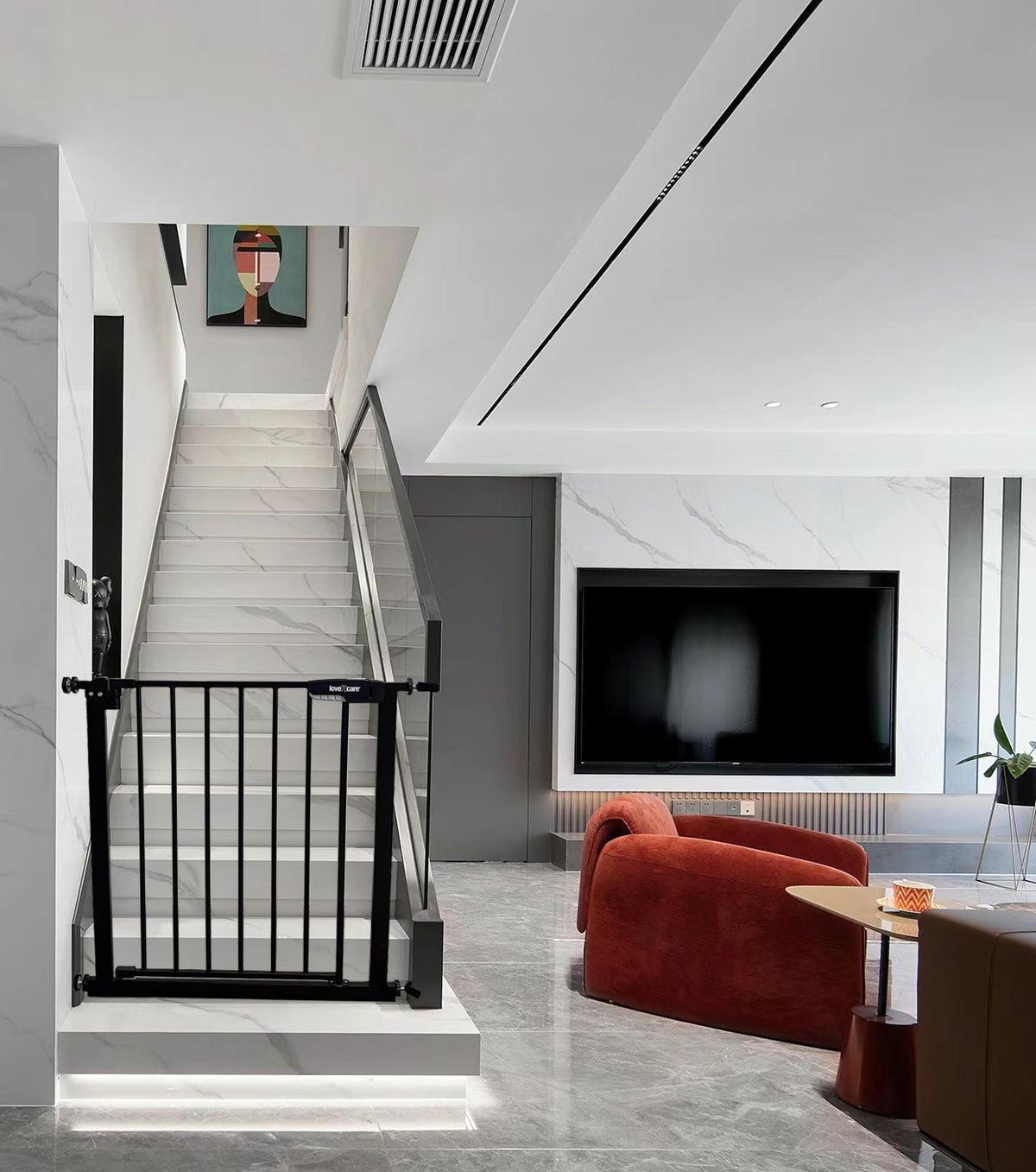Safety Gate — Black — at the stairs