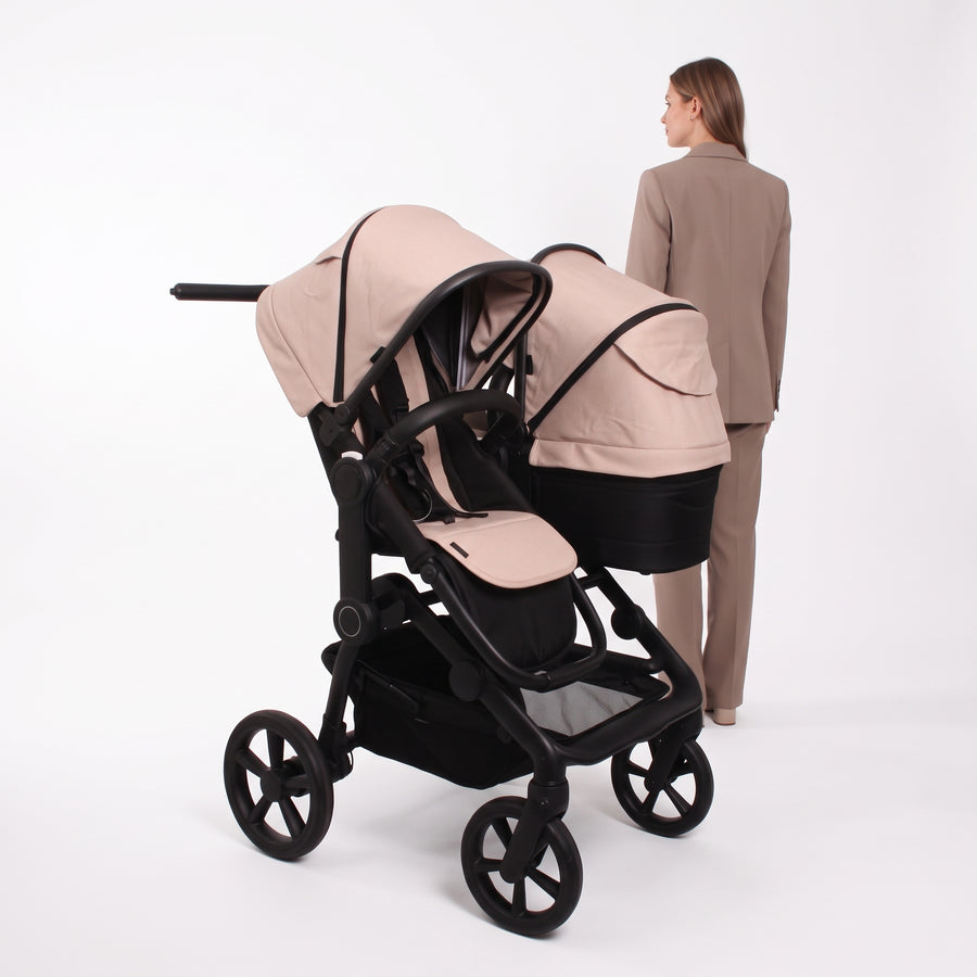 Neo Duo Stroller — Sand — double mode from behind, with parent